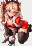  1girl bangs black_gloves black_legwear blonde_hair blush breasts cleavage commentary_request cuffs detached_collar dress elbow_gloves ereshkigal_(fate/grand_order) fate/grand_order fate_(series) fur-trimmed_capelet gloves hair_ribbon highres long_hair medium_breasts parted_bangs red_dress red_eyes red_ribbon ribbon seiza short_dress simple_background sitting skull solo srsojiro sweatdrop thigh-highs thighs tiara tohsaka_rin two_side_up wrist_cuffs zettai_ryouiki 