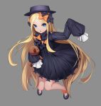  1girl abigail_williams_(fate/grand_order) artist_name bangs black_bow black_dress black_footwear black_hat blonde_hair blue_eyes bow butterfly commentary_request dress eyebrows_visible_through_hair fate/grand_order fate_(series) forehead full_body grey_background hair_bow hat highres loading_(vkjim0610) long_hair long_sleeves looking_at_viewer mary_janes object_hug orange_bow parted_bangs parted_lips polka_dot polka_dot_bow shoes simple_background sleeves_past_wrists solo stuffed_animal stuffed_toy teddy_bear very_long_hair 