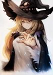  1girl blonde_hair breasts closed_mouth dorothy_(shingeki_no_bahamut) dress foreshortening fur_trim hair_between_eyes hat highres inaba_sunimi jewelry long_hair looking_at_viewer medium_breasts necklace reaching_out shadowverse shingeki_no_bahamut smile solo white_dress witch_hat yellow_eyes 