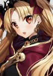  1girl :d bangs blonde_hair blush bow cape commentary earrings ereshkigal_(fate/grand_order) eyebrows_visible_through_hair fate/grand_order fate_(series) gambe grey_background hair_bow infinity jewelry long_hair looking_at_viewer open_mouth parted_bangs red_bow red_cape red_eyes simple_background skull smile solo spine tohsaka_rin two_side_up upper_body 