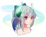  1girl bangs blue_eyes blue_ribbon bow brown_eyes character_request closed_mouth cropped_torso dungeon_and_fighter glowing glowing_horns hair_bow hair_ribbon horns litra_(ltr0312) long_hair multicolored multicolored_eyes nude ponytail ribbon silver_hair solo upper_body 