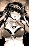 1girl alternate_costume bell bell_collar blush breasts bridal_gauntlets cleavage collar fire_emblem fire_emblem:_kakusei fire_emblem_heroes fur_trim heart highres large_breasts looking_at_viewer monochrome naughty_face open_mouth solo sweat tharja tiara upper_body yyillust 