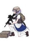  1girl apron backpack bag bow box braid brown_footwear commentary_request fkey from_side green_bow gun hair_bow hat helmet highres izayoi_sakuya maid_apron multiple_girls petticoat puffy_short_sleeves puffy_sleeves red_eyes rifle shoes short_hair short_sleeves silver_hair simple_background solo touhou vest weapon white_background white_legwear 