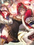  1girl absurdres blush breasts brown_hair cleavage commentary_request dress flower fur_trim gloves granblue_fantasy hair_flower hair_ornament highres kakage looking_at_viewer ribbon robe rosetta_(granblue_fantasy) smile snow solo thigh-highs violet_eyes 