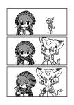  2girls 3koma :3 :d animal_ears bangs bare_shoulders blush bow bowtie cat_ears cat_tail closed_mouth comic elbow_gloves eyebrows_visible_through_hair food gloves greyscale hair_between_eyes highres hood hood_up hoodie japari_bun japari_coin japari_symbol kemono_friends kotobuki_(tiny_life) legs_together long_sleeves looking_at_another looking_down monochrome motion_lines multiple_girls neck_ribbon open_mouth ribbon sand_cat_(kemono_friends) short_hair silent_comic simple_background smile squatting standing standing_on_one_leg striped tail tareme tsuchinoko_(kemono_friends) walking white_background 