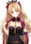  1girl bangs blonde_hair blush bow breasts cape closed_mouth collarbone ereshkigal_(fate/grand_order) eyebrows_visible_through_hair fate/grand_order fate_(series) highres holding large_breasts long_hair looking_at_viewer pink_bow red_eyes rin_yuu simple_background skull smile solo tohsaka_rin twintails wavy_mouth white_background 