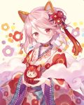  1girl :o animal_ears bangs bow choker clouds commentary_request daruma_doll eyebrows_visible_through_hair floral_print flower hair_between_eyes hair_bow hair_flower hair_ornament head_tilt holding ibara_riato japanese_clothes kimono long_hair long_sleeves looking_at_viewer original parted_lips pink_hair print_kimono purple_bow red_eyes red_flower solo upper_body white_kimono wide_sleeves yellow_bow 