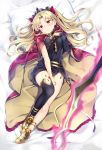  1girl bangs bed_sheet black_dress black_leotard blonde_hair blush cape closed_mouth commentary_request crown dress earrings ereshkigal_(fate/grand_order) fate/grand_order fate_(series) full_body hair_ribbon hoop_earrings jewelry leotard looking_at_viewer lying natsume_eri on_back parted_bangs pillow red_cape red_eyes ribbon single_sleeve single_thighhigh solo thigh-highs tiara tohsaka_rin two_side_up 