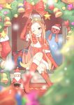  1girl :t abigail_williams_(fate/grand_order) aiee bangs bell blonde_hair blue_eyes blurry blurry_foreground boots bow box christmas christmas_ornaments christmas_stocking closed_mouth commentary_request depth_of_field detached_sleeves dress fate/grand_order fate_(series) forehead fur-trimmed_boots fur-trimmed_capelet fur-trimmed_dress fur-trimmed_hat fur-trimmed_sleeves fur_trim gift gift_box hair_bow hat head_tilt highres indoors knee_boots long_hair long_sleeves looking_at_viewer orange_bow parted_bangs polka_dot polka_dot_bow pout red_bow red_capelet red_dress red_footwear red_hat sack santa_boots santa_costume santa_hat sitting sleeves_past_wrists solo star stuffed_animal stuffed_toy teddy_bear very_long_hair wavy_mouth 