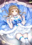  1girl blonde_hair blue_dress breasts choker cleavage dress fur_trim hair_ornament kunikida_hanamaru large_breasts lma long_hair looking_at_viewer love_live! love_live!_sunshine!! lying on_back snowflake_hair_ornament snowflake_print solo thigh-highs yellow_eyes 