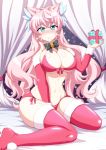  1girl bikini blue_eyes bow box breasts christmas commentary_request fur_trim gift gift_box gloves hair_ornament large_breasts long_hair looking_at_viewer maria_cadenzavna_eve mouth_hold navel pink_hair red_gloves red_legwear senki_zesshou_symphogear shiny shiny_hair shiny_skin side-tie_bikini sitting smile solo swimsuit thigh-highs wariza zetsumu 