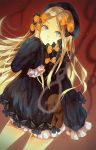  1girl abigail_williams_(fate/grand_order) bangs black_bow black_dress black_hat blonde_hair bloomers blue_eyes bow brown_background butterfly closed_mouth commentary_request dress fate/grand_order fate_(series) forehead hair_bow hand_up hat hiro_chikyuujin long_hair long_sleeves looking_at_viewer noose object_hug orange_bow parted_bangs polka_dot polka_dot_bow sleeves_past_wrists solo stuffed_animal stuffed_toy teddy_bear underwear v-shaped_eyebrows very_long_hair white_bloomers 