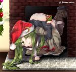  1girl :d arm_support ass bangs baretto_(firearms_1) black_serafuku black_skirt blush bobblehat boots box brown_footwear brown_legwear butt_crack christmas crescent crescent_moon_pin dirty_face doyagao eyebrows_visible_through_hair fireplace full_body gift gift_box green_eyes green_hair hat holding holding_gift kantai_collection knee_boots long_hair long_sleeves looking_at_viewer nagatsuki_(kantai_collection) neckerchief open_mouth panties parted_bangs red_hat sack santa_hat school_uniform serafuku skirt skirt_lift smile smug solo thigh-highs top-down_bottom-up twitter_username underwear v-shaped_eyebrows white_neckwear white_panties 