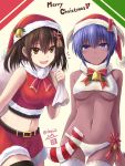  2girls :d assassin_(fate/prototype_fragments) bangs bare_arms bare_shoulders bell belt_buckle black_legwear blue_eyes blue_hair bow bowtie breasts brown_background brown_belt brown_eyes brown_hair buckle christmas_stocking closed_mouth cowboy_shot crop_top crossover dark_skin eyebrows_visible_through_hair fate/prototype fate/prototype:_fragments_of_blue_and_silver fate_(series) fur-trimmed_shirt fur-trimmed_shorts fur_collar hair_between_eyes hair_ornament half-closed_eyes hat hat_bow haura_akitoshi heart holding holding_sack horned_headwear kantai_collection looking_at_viewer medium_breasts medium_hair merry_christmas midriff multiple_girls navel open_mouth over_shoulder panties red_bow red_hat red_neckwear red_shirt red_shorts sack santa_costume santa_hat sendai_(kantai_collection) shirt short_hair shorts sidelocks sleeveless sleeveless_shirt smile stomach thigh-highs tsurime two_side_up under_boob underwear white_legwear white_panties 