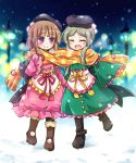  2girls :d ^_^ boots brown_hair closed_eyes commentary_request dress eyebrows_visible_through_hair gloves green_hair hat heart mittens multiple_girls night nishida_satono open_mouth pom_pom_(clothes) pote_(ptkan) print_scarf scarf shared_scarf short_hair_with_long_locks smile snow snowing star star_print tate_eboshi teireida_mai touhou unmoving_pattern violet_eyes wide_sleeves winter yellow_scarf 