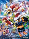  1girl armor basket blue_hair christmas christmas_ornaments copyright_name coral force_of_will fur_trim gloves hat long_hair mermaid monster_girl noki_(affabile) official_art santa_hat solo sparkle star underwater yellow_eyes 