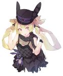  1girl alternate_costume arms_up black_dress black_hat black_scarf black_wristband blonde_hair blush braid breasts chinese cleavage cleavage_cutout cropped_torso dress eyebrows_visible_through_hair from_above girls_frontline hair_tie hand_in_hair hat head_tilt holding holding_hair long_hair looking_at_viewer looking_up mania_(fd6060_60) pinky_out scarf shoes signature simple_background skirt small_breasts smile solo spotted_scarf sr-3mp_(girls_frontline) stuffed_animal stuffed_bunny stuffed_toy thick_eyebrows tongue tongue_out twin_braids twintails very_long_hair violet_eyes white_background wristband 