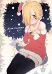  1girl 2017 azuse_neko bare_shoulders bell black_legwear blonde_hair blush brown_eyes christmas christmas_tree detached_sleeves ear_piercing earrings hair_over_one_eye hat idolmaster idolmaster_cinderella_girls jewelry looking_at_viewer mini_hat piercing santa_hat shirasaka_koume short_hair sitting smile solo thigh-highs zettai_ryouiki 