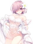  1girl alternate_costume bare_shoulders breasts choker dress fate/grand_order fate_(series) flower gloves hair_flower hair_ornament hair_over_one_eye high_heels highres large_breasts mash_kyrielight miko_92 open_mouth purple_hair ribbon_choker short_hair simple_background skirt_hold smile solo violet_eyes white_background white_dress white_gloves 