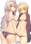  2girls artoria_pendragon_(all) artoria_pendragon_(swimsuit_rider_alter) ass bangs bikini bikini_under_clothes black_bikini black_bow black_jacket blonde_hair blush bow braid breasts brown_hair closed_mouth collarbone commentary_request cowboy_shot eyebrows_visible_through_hair fate/grand_order fate_(series) french_braid hair_bow hands_in_pockets highres hood hood_down hooded_jacket jacket jeanne_d&#039;arc_(alter)_(fate) jeanne_d&#039;arc_(fate)_(all) large_breasts long_hair looking_at_viewer maid_headdress medium_breasts multiple_girls navel open_clothes open_jacket saber_alter suteba_(grzjkbhgf) sweatdrop swimsuit thigh_strap twisted_torso white_background 