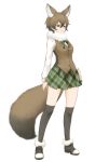 1girl black_hair bow bowtie brown_hair coyote_(kemono_friends) coyote_ears coyote_tail full_body fur_trim green_eyes ise_(0425) kemono_friends multicolored_hair pleated_skirt scarf simple_background skirt solo tail thigh-highs two-tone_hair white_background