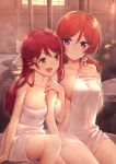  2girls bare_shoulders between_breasts brown_eyes collarbone hair_ornament hair_ribbon long_hair love_live! love_live!_sunshine!! multiple_girls nagareboshi naked_towel nishikino_maki onsen open_mouth redhead ribbon sakurauchi_riko sitting smile towel violet_eyes 