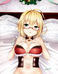  1girl ahoge artist_name bell blonde_hair blush bra breasts detached_collar glasses green_eyes hair_between_eyes highres i-8_(kantai_collection) kantai_collection large_breasts long_hair omoomomo open_mouth red-framed_eyewear red_bra signature solo underwear 