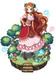  1girl alpha_transparency brown_hair butterfly dress faux_figurine flower freyja_(makai_wars) green_eyes hand_on_hip harada_takehito long_hair makai_wars official_art smile solo stairs transparent_background tree wavy_hair 