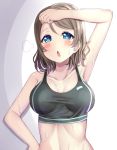  1girl :o arm_up armpits bangs bare_arms bare_shoulders blue_eyes blush breasts brown_hair cleavage half-closed_eyes hand_on_hip looking_at_viewer love_live! love_live!_sunshine!! medium_breasts midriff mizukoshi_(marumi) open_mouth shiny shiny_skin short_hair solo sports_bra sweat swept_bangs upper_body watanabe_you white_background 