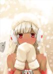  1girl altera_(fate) altera_the_santa bangs bare_shoulders blunt_bangs blush bow covering_mouth dark_skin detached_sleeves earmuffs eyebrows_visible_through_hair fate/grand_order fate_(series) highres kohige mittens motion_blur own_hands_together red_eyes sheep short_hair snowing solo upper_body veil white_bow white_mittens 