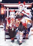  1boy 1girl blush bodysuit bodysuit_under_clothes breasts christmas fox fox_tail gloves hat highres large_breasts long_hair looking_at_viewer night open_mouth original outdoors red_eyes scarf silver_hair snow snowing standing sukage tail torii 