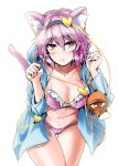  1girl animal_ears bikini blush breasts cat_ears cat_tail cleavage collarbone commentary_request cowboy_shot eyeball frilled_bikini frills hair_between_eyes hairband heart highres hood hoodie kemonomimi_mode komeiji_satori large_breasts leaning_forward looking_at_viewer open_clothes open_hoodie parted_lips paw_pose pink_bikini purple_hair short_hair solo swimsuit tail third_eye touhou violet_eyes y2 
