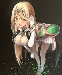  1girl armor artist_request blonde_hair blush breasts cleavage dress fingerless_gloves gloves highres mythra_(xenoblade) large_breasts long_hair looking_at_viewer solo sword weapon xenoblade xenoblade_2 yellow_eyes 