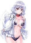  1girl adapted_costume bangs bikini black_bikini breasts cleavage collarbone commentary_request cowboy_shot feathered_wings half_updo highres hood hood_down hooded_jacket jacket kishin_sagume large_breasts long_sleeves looking_at_viewer navel open_clothes open_jacket parted_lips red_eyes short_hair silver_hair simple_background single_wing solo stomach swimsuit thigh_gap touhou white_background white_jacket white_wings wings y2 