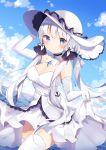  1girl azur_lane bangs blue_eyes breasts dress elbow_gloves gloves hat highres illustrious_(azur_lane) large_breasts looking_at_viewer low_twintails shiino_sera sky twintails white_dress white_gloves white_hair 