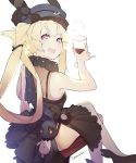  1girl alcohol alternate_costume arm_support armpit_peek arms_up bare_arms bare_shoulders black_dress black_footwear black_hat black_scarf black_wristband blonde_hair blush braid breasts chinese cup dress drinking_glass eyebrows_visible_through_hair from_behind from_side garter_straps girls_frontline glass hair_tie hat holding holding_drinking_glass legs_crossed long_hair looking_at_viewer looking_back mania_(fd6060_60) open_mouth panties panty_peek pinky_out scarf see-through shoes signature simple_background sitting skirt small_breasts smile solo spotted_scarf sr-3mp_(girls_frontline) stuffed_animal stuffed_bunny stuffed_toy thick_eyebrows thighs tongue tongue_out twin_braids twintails underwear very_long_hair violet_eyes white_background white_legwear white_panties wine_glass wristband 