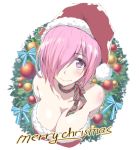 1girl bare_shoulders blue_bow blush bobblehat bow breasts cleavage closed_mouth collarbone colored_stripes dress fate/grand_order fate_(series) from_above fur-trimmed_dress hair_over_one_eye hat large_breasts lips looking_at_viewer looking_up mash_kyrielight merry_christmas red_dress red_hat santa_hat shiny shiny_hair short_hair simple_background smile solo strapless strapless_dress striped striped_neckwear tareme tonee upper_body white_background wreath 