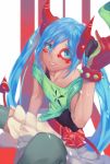  1girl blue_eyes blue_hair bracelet commentary eyebrows_visible_through_hair gloves green_shirt grey_legwear hair_between_eyes hand_up hatsune_miku highres holding horns jewelry lips litra_(ltr0312) looking_at_viewer off_shoulder parted_lips pink_lips red_gloves shirt sitting smile solo spiked_bracelet spikes thigh-highs twintails vocaloid 