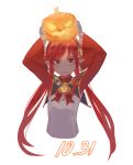  1girl bangs blush bow bowtie commentary cropped_torso dated dungeon_and_fighter halloween hands_up highres holding jack-o&#039;-lantern light_blush lips litra_(ltr0312) long_hair long_sleeves looking_at_viewer low_twintails parted_lips pointy_ears pumpkin red_eyes red_neckwear redhead simple_background smile solo twintails very_long_hair white_background witch_(dungeon_and_fighter) 