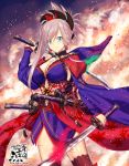  1girl asymmetrical_hair autumn_leaves bare_shoulders black_legwear blue_eyes blue_kimono breasts cleavage detached_sleeves dual_wielding earrings fate/grand_order fate_(series) hair_ornament highres holding holding_sword holding_weapon japanese_clothes jewelry katana kimono large_breasts leaf_print looking_at_viewer magatama maple_leaf_print miyamoto_musashi_(fate/grand_order) navel_cutout obi pink_hair ponytail purple_kimono sash sheath sheathed short_kimono sleeveless sleeveless_kimono solo sword takasaki_ryou thigh-highs unsheathed weapon wide_sleeves 