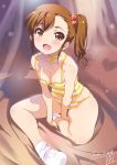  1girl breasts brown_eyes brown_hair camisole cleavage futami_mami highres idolmaster idolmaster_(classic) inoue_sora looking_at_viewer open_mouth panties revision short_hair side_ponytail sitting small_breasts smile solo striped striped_panties underwear 