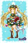  1girl akino_coto arms_up blonde_hair christmas copyright_request dress gloves highres official_art open_mouth original red_eyes solo standing tail tinsel twintails 
