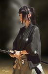  1girl black_hair derivative_work highres japanese_clothes katana raikoart realistic sheath sword weapon 