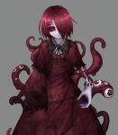  1girl black_sclera cape closed_mouth commentary_request creepy dress eldritch_abomination extra_ears eyeshadow grey_background grey_skin hair_over_one_eye makeup monster_girl one_eye_covered original ray-k red_dress red_eyes redhead short_hair simple_background smile solo standing tentacle torn_cape upper_body 