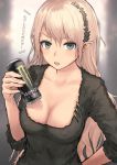  1girl :o backlighting bangs black_shirt blonde_hair blue_eyes blush breasts can cleavage collarbone energy_drink furukawa_wanosuke holding long_hair looking_at_viewer low_neckline medium_breasts monster_energy no_bra open_mouth original pointy_ears shirt sleeves_past_elbows soda_can solo straight_hair sweat translation_request upper_body very_long_hair water_drop 