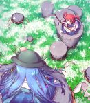  2girls :d black_hat blue_hair blue_skirt commentary_request food from_above fruit hair_bobbles hair_ornament hat hat_leaf hinanawi_tenshi holding holding_weapon isu_(is88) keystone long_hair looking_down looking_up meadow multiple_girls onozuka_komachi open_mouth peach perspective petals puffy_short_sleeves puffy_sleeves red_eyes redhead sandals scythe shide short_sleeves skirt smile socks touhou twintails weapon white_footwear 