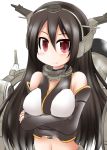  1girl bare_shoulders black_gloves black_hair breasts crossed_arms elbow_gloves fingerless_gloves gloves headgear kantai_collection large_breasts long_hair machinery midriff nagato_(kantai_collection) navel ouno_(nounai_disintegration) red_eyes simple_background smile solo white_background 