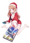  1girl bikini blonde_hair blush breasts christmas cleavage hat highres mythra_(xenoblade) joy-con large_breasts long_hair looking_at_viewer navel nintendo nintendo_switch pout santa_costume santa_hat solo swimsuit video_game white_background xenoblade xenoblade_2 yellow_eyes z&#039;co 