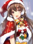  1girl :d bell bird breasts brown_eyes brown_hair cleavage earmuffs eyebrows_visible_through_hair formation_girls fur-trimmed_capelet hat kagachi_saku kazehaya_yayoi long_hair looking_at_viewer medium_breasts neck_bow open_mouth pigeon red_capelet santa_costume santa_hat smile solo upper_body 