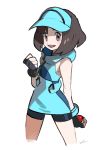  1girl absurdres ace_trainer_(pokemon) bike_shorts black_gloves bob_cut brown_eyes brown_hair clenched_hand fingerless_gloves gloves highres holding holding_poke_ball npc_trainer open_mouth poke_ball pokemon pokemon_(game) pokemon_sm signature simple_background sleeveless smile solo tokiya visor_cap white_background 